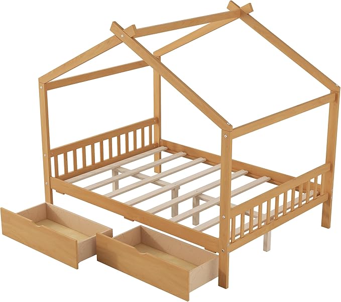 Harper & Bright Designs Full Size House Bed Frame for Kids, Wood Playhouse Platform Bed Frame with Two Drawers and Fence, Roof Design, Natural