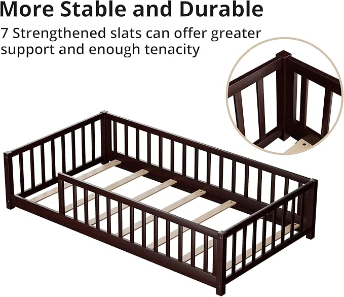 LLS Twin Floor Bed for Children, Durable Montessori Floor Bed with Sturdy Slats and Safety Fence, Solid Wood Floor Bed Frame for Girls Boys and Teens, Espresso (Without Door)