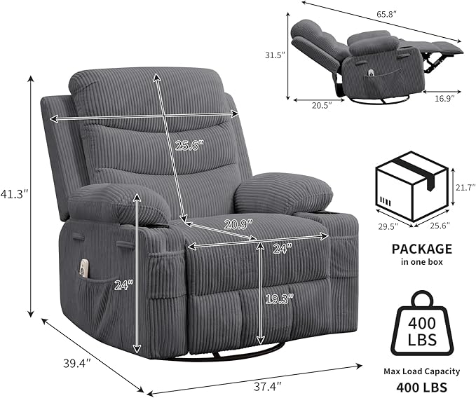 Recliner Chair Nursery, Oversized Manual Reclining Rocking Chair, 360 Swivel Glider with Cup Holder, Massage and Heat Recliner, Indoor Small Single Sofa Chairs for Adults, RV, Bedroom, Corduroy Gray