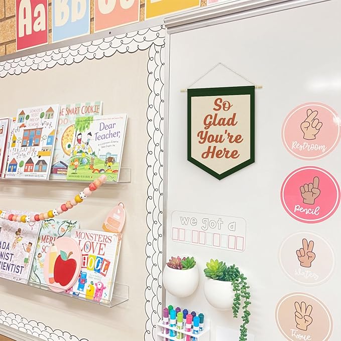 Vintage Welcome Sign for Classroom,Welcome Sign for Front Door, So Glad You're Here Linen Canvas Banner, Teacher Must Haves Wall Hanging Pennant Flag Banner for Classroom Preschool Decor,15x11