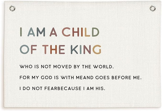 Lacama Christian Wall Decor for Boys Room, Baby Boys Nursery Decor, Bible Verse Wall Linen Hanging Banner Flags, I Am a Child of The King Banner Neutral Wall Decor, Birthday Gift 30x20 Inch