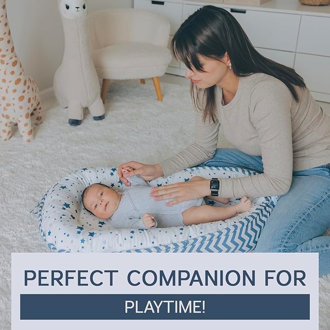Baby Lounger | Organic Cotton Infant Lounger| Reversible, Adjustable & Portable Floor Lounger |Supervised Use | Soft, Breathable, Washable Cover - Star Collection (Blue)