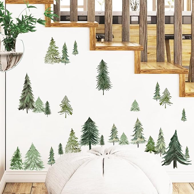 Watercolor Tree Wall Stickers Small Pine Tree Wall Decal Green Trees Wall Window Stickers Removable Forest Trees Decals Peel and Stick Small Tree Wall Decals for Bedroom Living Room