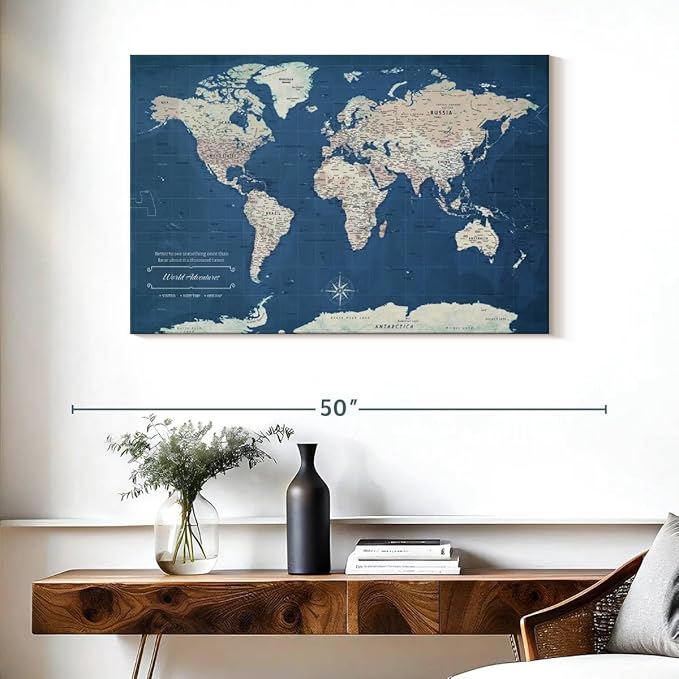 ElephantStock - World Adventures Push Pin Travel Map I Wall Art - Horizontal Canvas Wall Art - Living Room Wall Decor - Printmaking Map Canvas Art - Blue And Beige Decor - 39" x 26"