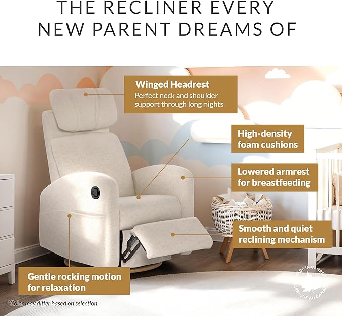 Hailey Modern Nursery Glider Recliner Chair (Manual) – Cozy Nursing Chair with 360° Swivel for New Parents, Gentle Motion, High Back & Low Armrests, Adjustable headrest, Canadian Made (Como Sand)
