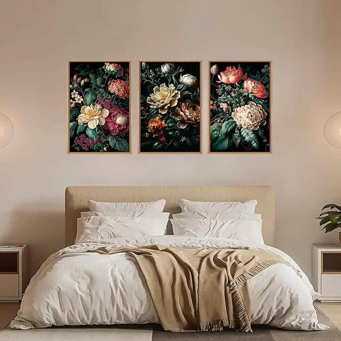 FWIEXA Dark Floral Canvas Wall Art Set, Framed Vintage Moody Flower Wall Decor, Large Black Botanical Wall Painting, Academia Art Print 3 Piece 24x36 Inches for Living Room, Bedroom, Office