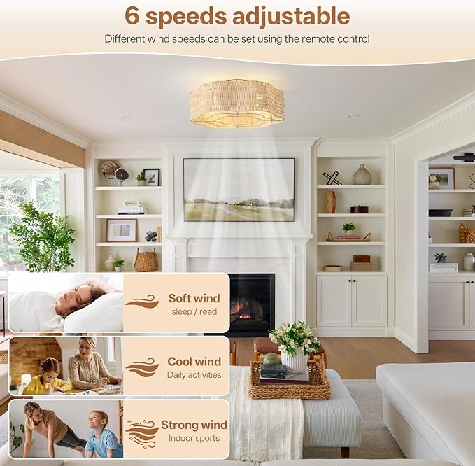 Caged Ceiling Fan with Lights, Flush Mount 20" Boho Ceiling Fans with Lights Remote Control, Low Profile Rattan Bladeless with 6 Speeds for Bedroom, Nursery, Kitchen