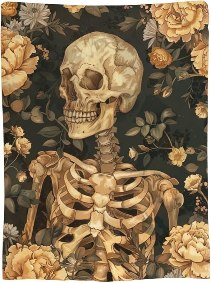 Gothic Skull Blanket Halloween Throw Blanket Spooky Skeleton Bones Flannel Stuff Merch Cozy Decor Fleece Plush Fuzzy Warm Soft Lightweight Bedding Gifts for Women Men Girl Boy Couch 60"X50"