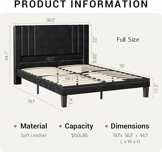 Tyndall Full Size Bed Frame, Faux Leather Upholstered Platform with Headboard, Black