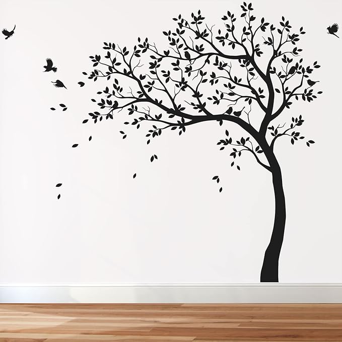 Large Tree Wall Decals Nursery Leaning Tree Stickers with Birds Wall Art Mural Vinyl Decor KW032 (Leaning Left, All in Black)