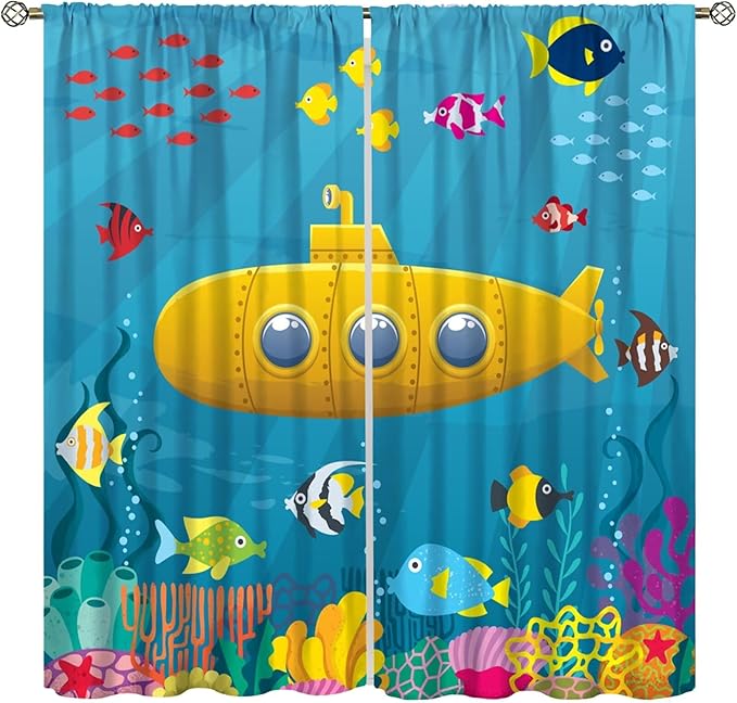 Boy Window Curtains Submarine Window Drapes Yacht Window Treatments Underwater World Oasis Thermal Drapes for Kids Girls Toddler Teens Room Dorm Decor Set 2 Panels,42x45 Inches, Style-1