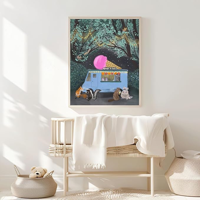 Nursery Poster Cute Animal Picture Vintage Animal Wall Art Nursery Decor Midnight Ice Cream Magical Forest Animals 12x16Inch Unframed Poster for Kids Room Boy and Girls Room Baby Room BedRoom BathRoom