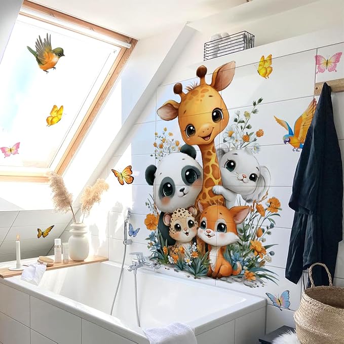 Jungle Safari Friends Wall Decal - Large 47" Animal Wall Sticker Set with Giraffe, Panda, Leopard for Kids Room, Removable Nursery Decor with Butterflies & Flowers, Playroom & Kindergarten Mural