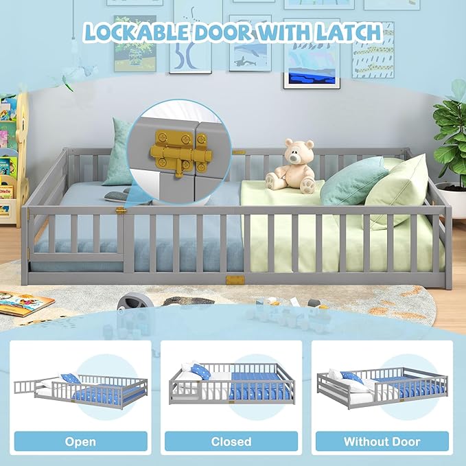 Giantex Queen Floor Bed with Door & Fence, Kids Wood Montessori Beds with Safety Guardrails, Floor Bed Twin for Kids, Boys, Girls, No Box Spring Needed, Grey