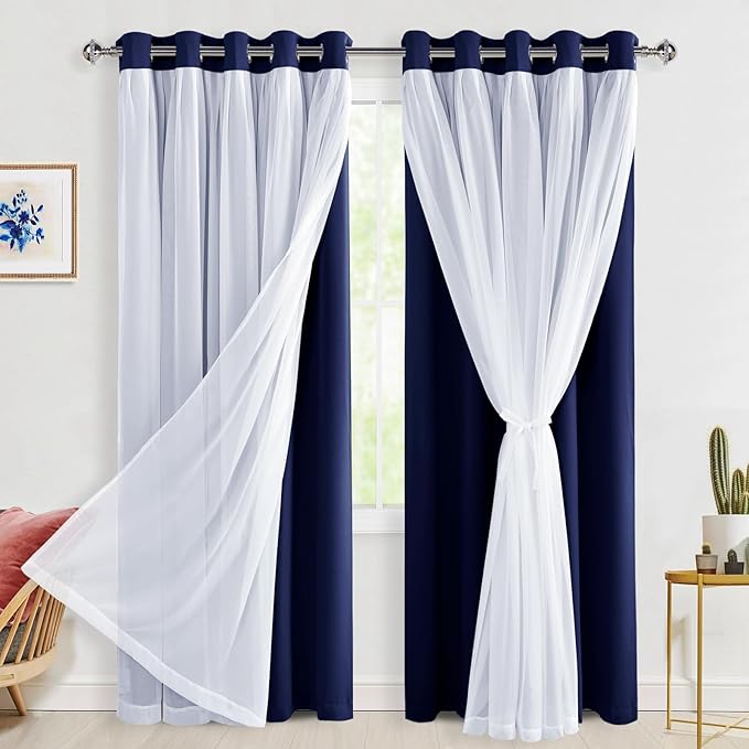 Hiasan Blackout Curtains with Sheer Overlay 84 Inches Long, Thermal Insulated Mix & Match Double Layer Window Curtains for Bedroom, Living Room, Nursery, 2 Panels with Tiebacks, Navy Blue, 60W X 84L