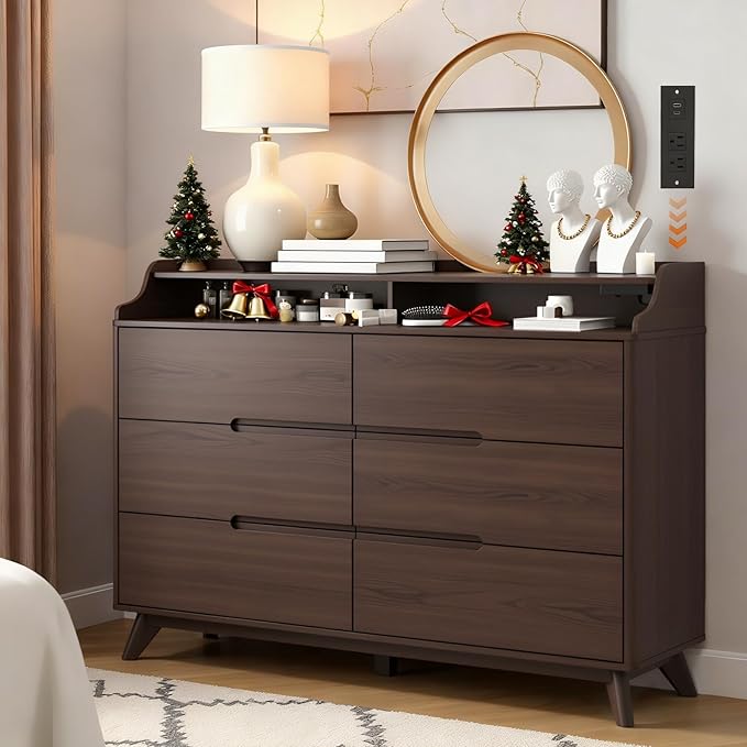 Dresser for Bedroom with 6 Drawers, 55" Large Dresser & Chest of Drawers with Charging Station, Wood Closet Clothes Storage Long Dressers Organizer for Bedroom Living Room Hallway, Brown