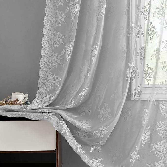 Kotile Grey Lace Curtains 108 Inches Long - Vintage Country Rustic Floral Sheer Lace Curtains for Living Room, Privacy Gray Sheer Curtains for Windows, 52 x 108 Inch, 2 Panels, Grey