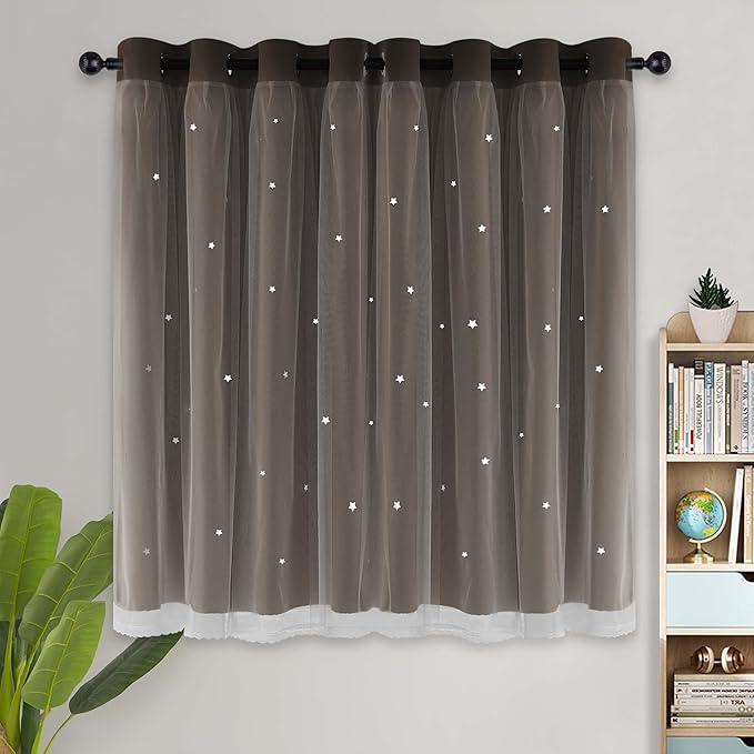 Kinryb Kids Blackout Curtains for Bedroom/Living Room/Classroom, Sheer Overlay Small 2 Panel Set, Double Layer Curtains with Star Cutout for Kids Room(W 52 x L 45 Inches,Chocolate 2 Pcs)