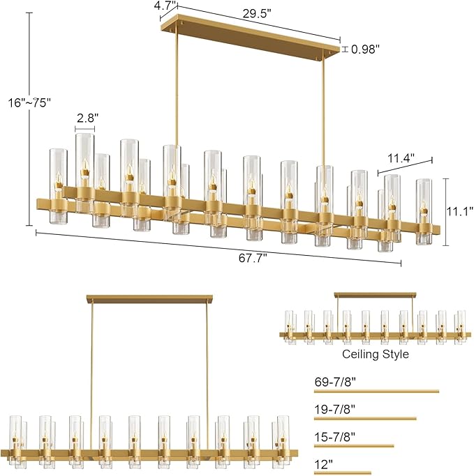 Brass Kitchen Island Lighting-20-Light Linear Chandelier, Adjustable 67.7'' Modern Farmhouse Rectangle Pendant Light Fixtures, Dining Room, Bedroom