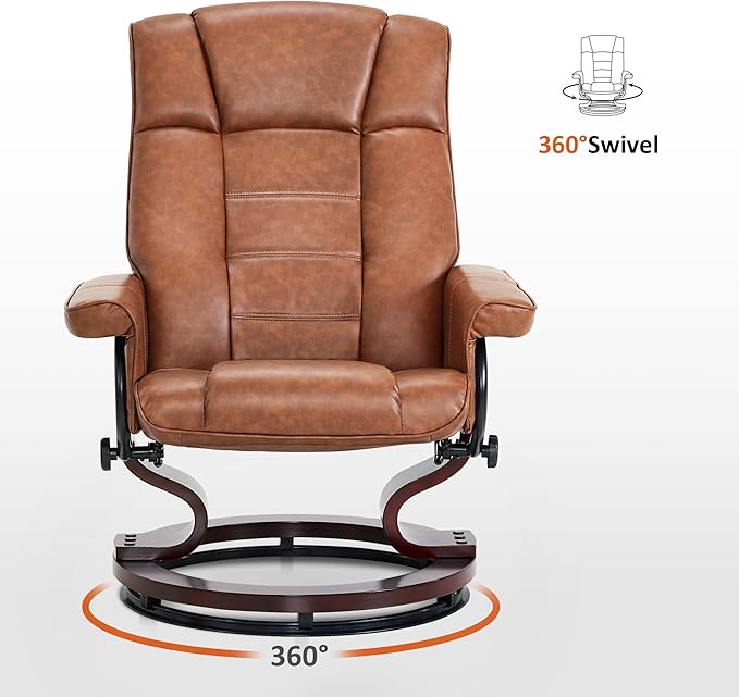MCombo Manual Swivel Recliner with Ottoman, Chair Ottoman Set for RV Small Spaces, Living Room, Bedroom, Office 9019 4919 (Faux Leather, Saddle)