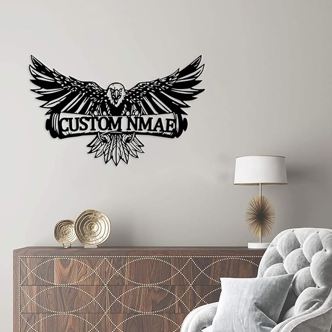 Personalized Eagle Metal Wall Art, Custom Name Sign, 8-24 Inch Black Iron Wall Decor for Indoor Outdoor, Nature-Themed Home Decoration