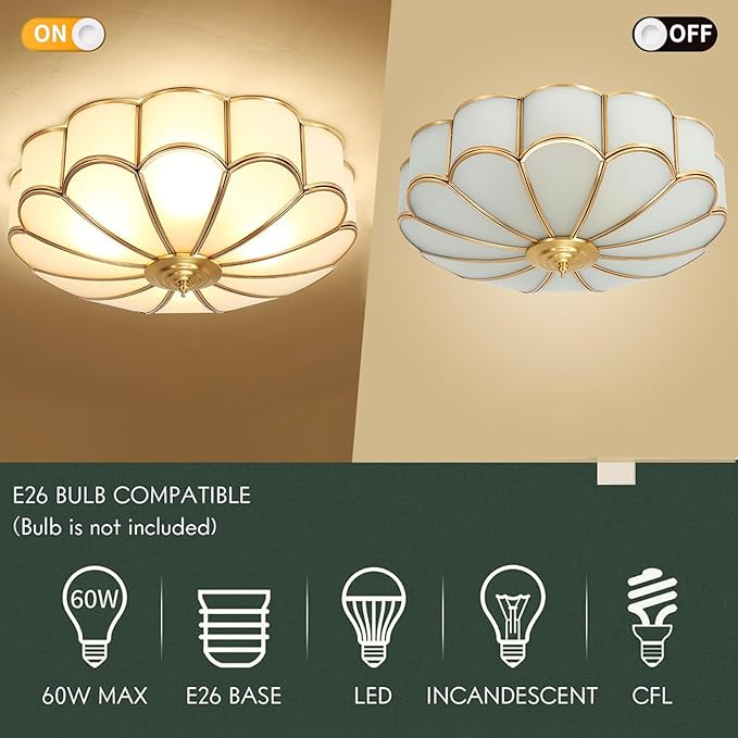 Mid Century Brass Flush Mount 4-Light LED Ceiling Lamp, Frosted Glass Shade Modern Light, Close to Ceiling Decorative for Bedroom Living Room (17.71" W)