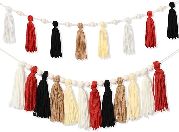 2 Pcs Tassel Garland with Wood Beads, Handmade Cotton Yarn Wall Hanging Banner Boho Tassel Wall Hanging Party Decor for Nursery, Birthday Baby Shower Home Classroom Decoration(Retro)