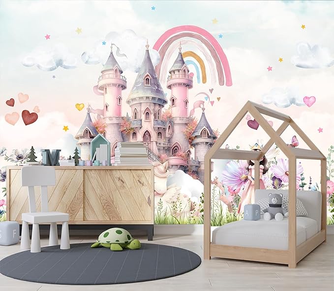 XMPMBM-Pink Cartoon Citadel Nursery Room Fabric Wallpaper Girls Bedroom Wall Mural-W 154" X H 105"（112 Square Foot）