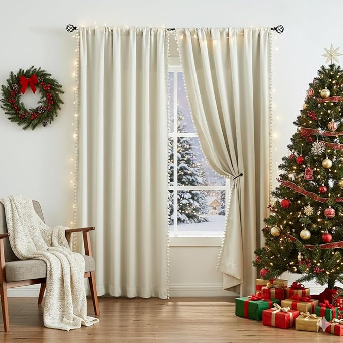Treatmentex Pom Pom Curtains for Living Room 63 inch Natural Thermal Insulated Room Darkening Curtain Panels for Bedroom Window Drapes Nursery Kids Guest Room Hotel Ivory 52" w x2 Panels Rod Pocket