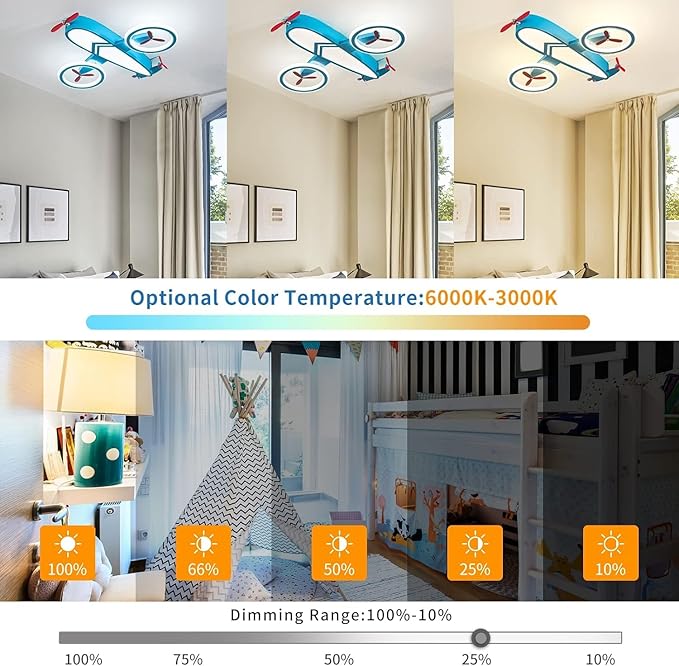 Kids Ceiling Lights for Bedroom Blue Airplane Light Fixture Mount 24.8" Kitchen Ceiling Light Fixtures 3000K-6000K with Remote 68W Flush Mount LED Lamp for Kids Room
