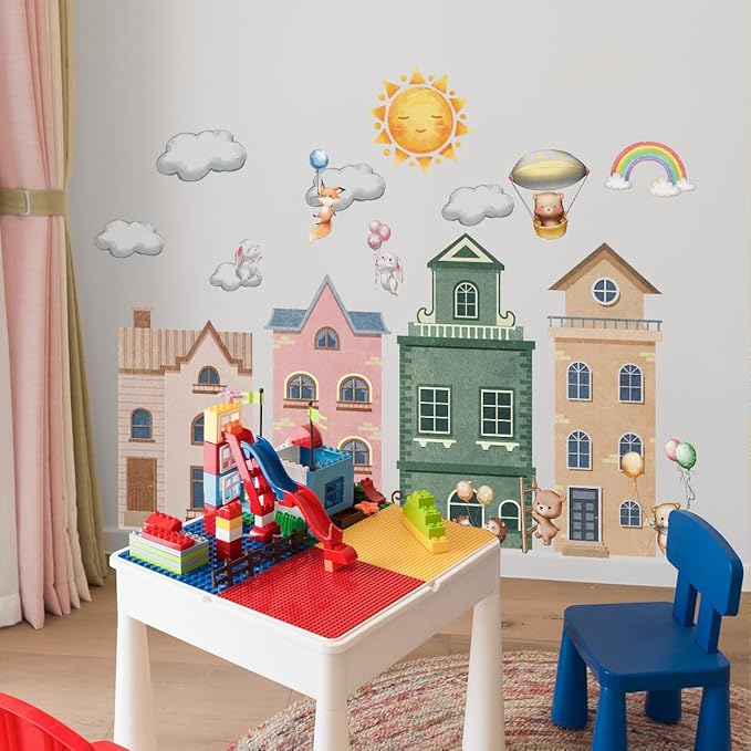 Cartoon City Wall Decals, Whimsical Hot Air Balloons, Houses, Animals, Rainbow, Sun, Clouds Design, Removable Vinyl Stickers for Kids Room, Nursery, Bedroom, Playroom Decor (Colorful-01)