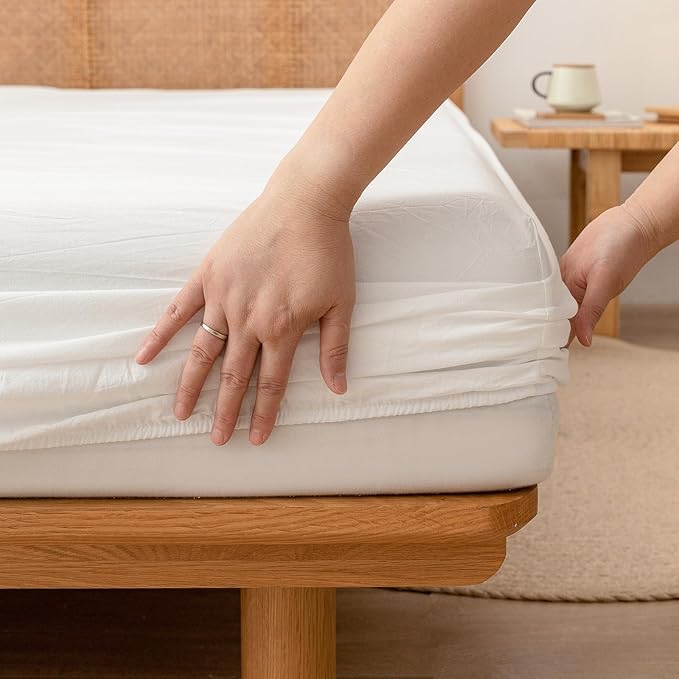BESTOUCH Sheet Set 100% Washed Cotton Linen Feel Super Soft Comfortable Chic Lightweight 4 Pcs Home Bedding Set Solid Off White King