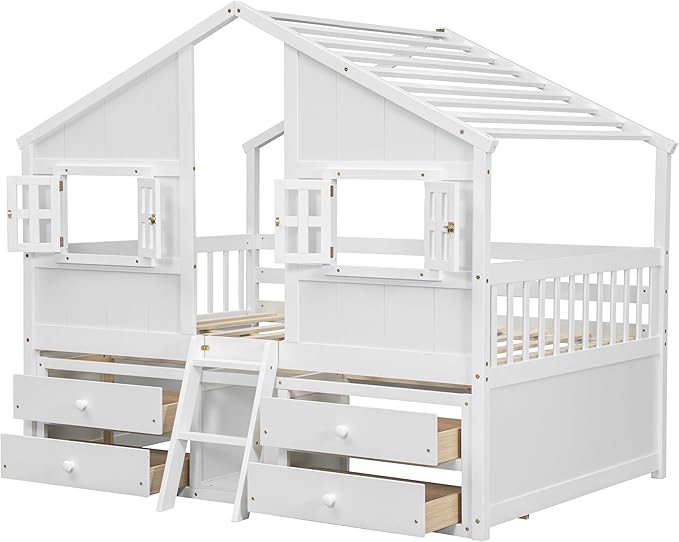 Harper & Bright Designs Full Size House Loft Bed with 4 Storage Drawers, Low House Montessori Bed with Roof and Windows, Safety Guardrails for Kids, Girls, Boys, White