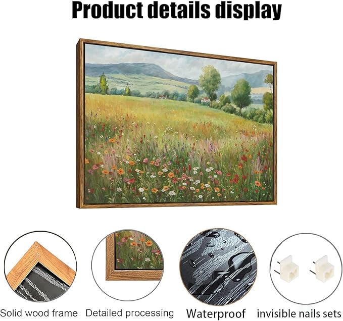 OIQArtOIQ Vintage Landscape Framed Wall Art Spring Countryside Colorful Wildflower Field Canvas Art Prints Farmhouse Cottagecore Pictures Wall Decor Rustic Meadow Paintings Artwork For Kitchen Bedroom