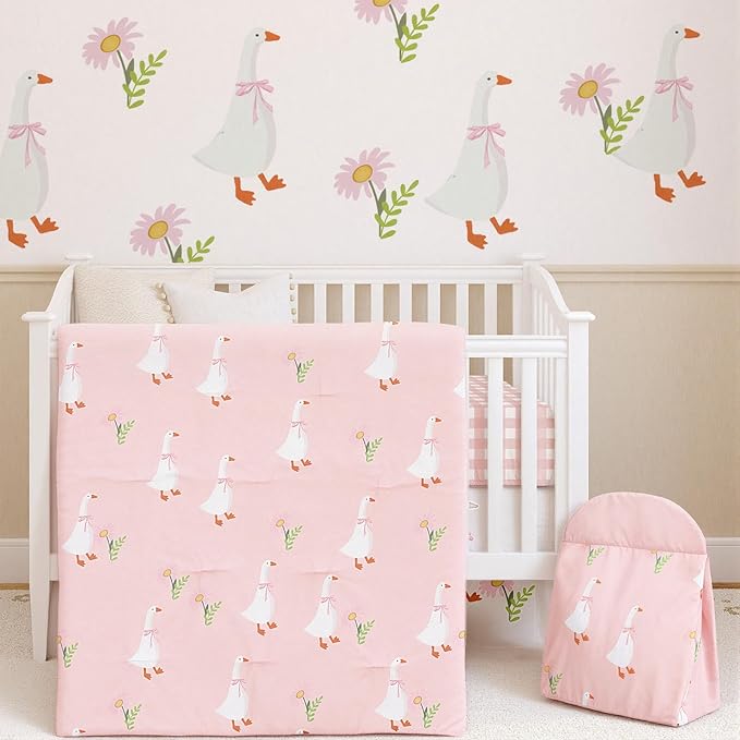 Oudain 4 Piece Goose Crib Bedding Set Including Goose Crib Skirt, Blanket, Sheet and Diaper Stacker, Soft Neutral Nursery Standard Size Baby Bedding for Baby Girls and Boys