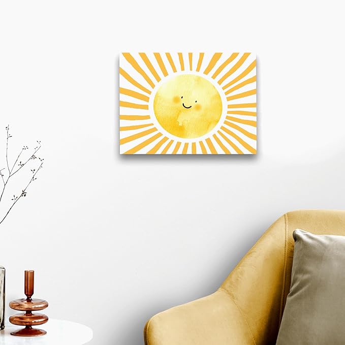 WODMIS Boho Sun Shunshine Wall Art, Cute Cartoon Smiling Watercolor Neutral Canvas Home Decor for Kids Baby Room Nursery Playroom, Yellow 11x14