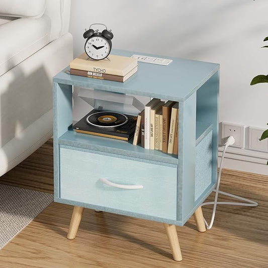 Night Stand with Charging Station, Blue Kids Nightstand with Drawer, 2-Tier Nursery Bedside Table with USB Ports and Outlets, End Table for Small Space, Living Room, Bedroom