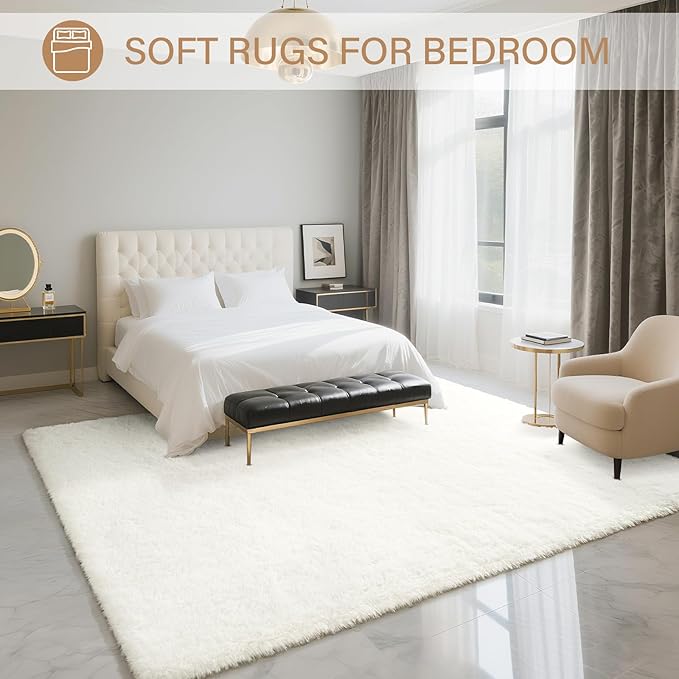 BENRON Fluffy Rugs for Living Room 5x7 Cream White, Washable Large Area Rugs for Bedroom Dining Table Office Kids Nursery Room, Washable Indoor Floor Carpets
