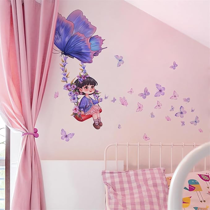 Purple Girl Butterfly Swing Wall Stickers, Cartoon Wall Decals Removable Vinyl Peel and Stick Kids Baby Children Nursery Bedroom Toddler Room Kindergarten Art Home Decorations