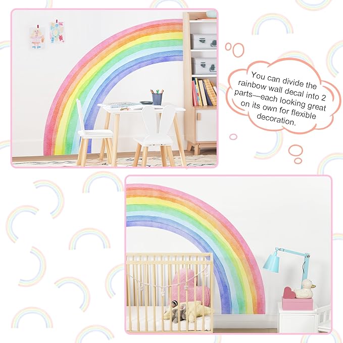 83"x43" Large Rainbow Wall Stickers, Mural Watercolor Half Rainbow Wall Decals Peel and Stick Vinyl Wall Art Decor for Girls Bedroom Kids Nursery Living Room Playroom Toddler