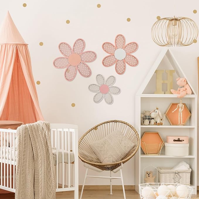 Maitys 3 Pieces Boho Daisy Wall Decor Natural Rattan Flower Wall Hanging Art Wooden Boho Art Nursery Flowers Farmhouse Hanging Decor for Home Office Nursery(Rustic Color)