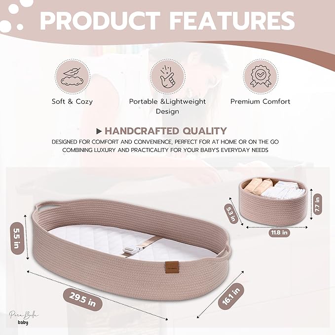 PeraBella XL Baby Changing Basket for Dresser Top, Moses Baskets for Newborn, Portable Baby Diaper Changing Pad Table Topper for Dresser, Moses Bassinet Mat with Waterproof Pad Cover and Diaper Caddy