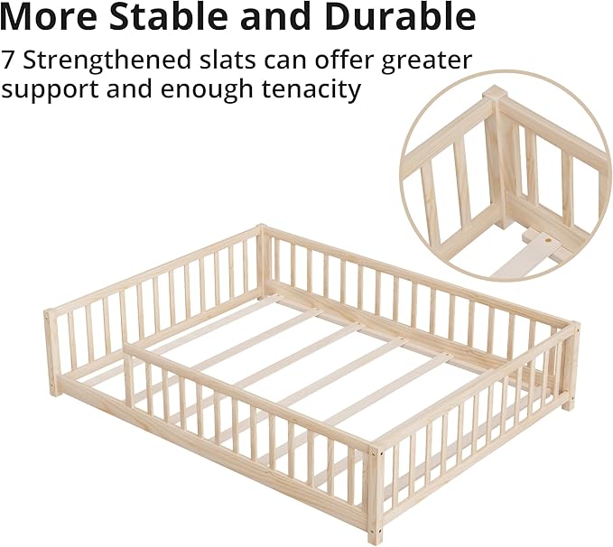 LLS Full Floor Bed for Kids Toddlers, Solid Wood Multifunctional Montessori Bed Frame with Safety Guardrails, Without Door, Easy Assemble, Natural