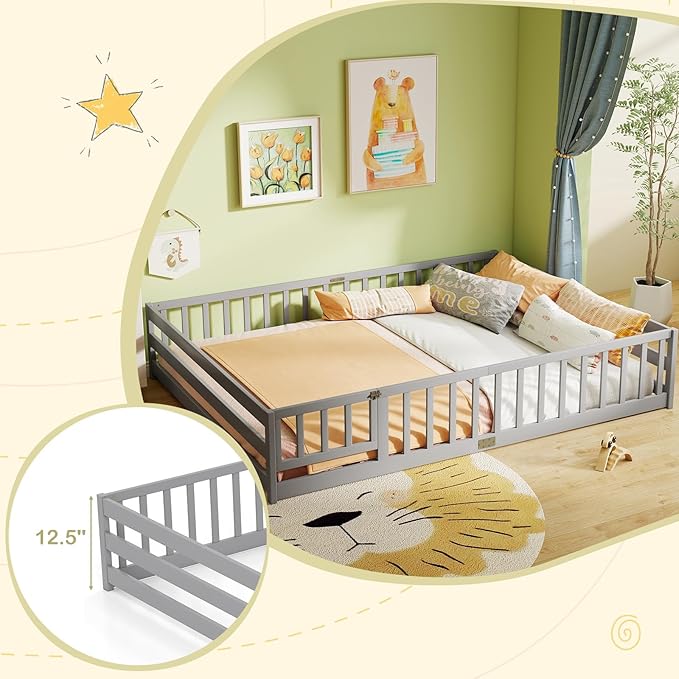 KOMFOTT Queen Size Wood Floor Bed with Door & Fence, Montessori Bed Frame with Full Length Safety Guardrails, Door & Latch, Wooden Montessori Floor Bed for Kids, Girls, Boys (Queen,Grey)