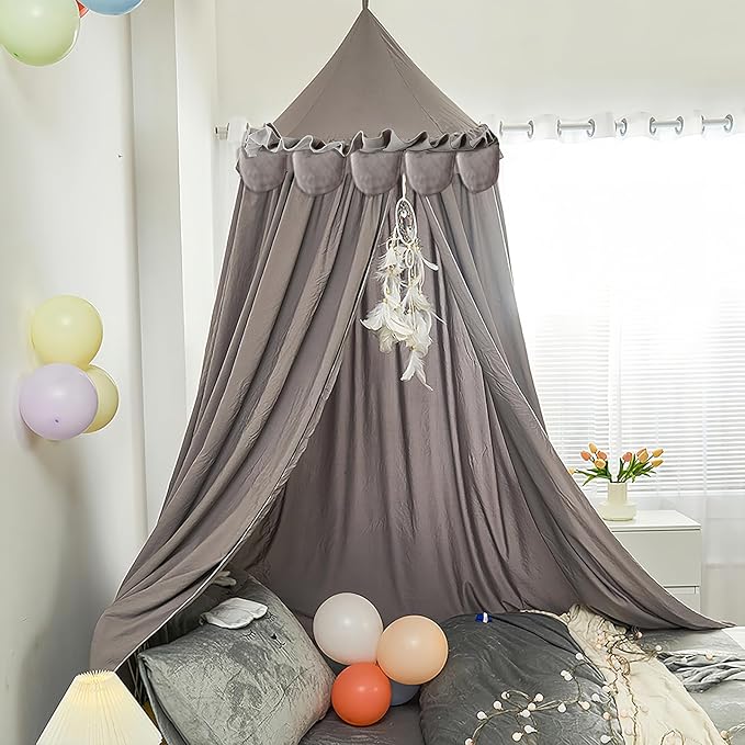 Princess Bed Canopy for Girls, Extra Large Hanging Canopy for Bed, Dreamy Play Tent for Girls Room Bedroom Decoration, Breathable Canopy Bed Curtain for Children Reading Nook - Ruffle Gray