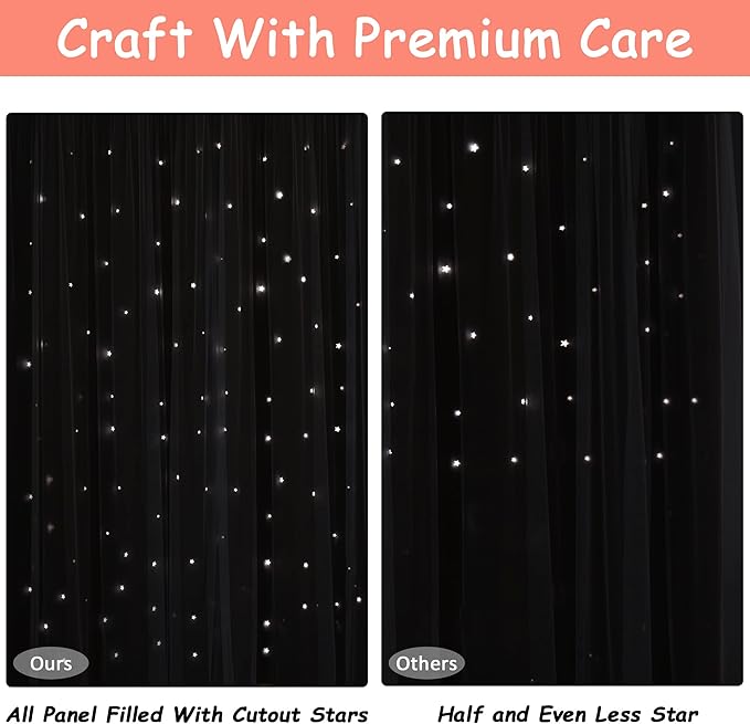 Kinryb Princess Curtains for Girls Bedroom with Sheer Overlay,Double Layer Curtain for Living Room with Star Cutout, Curtains for Kids Room (52 W*63 L Inches,2 Pcs Coral)