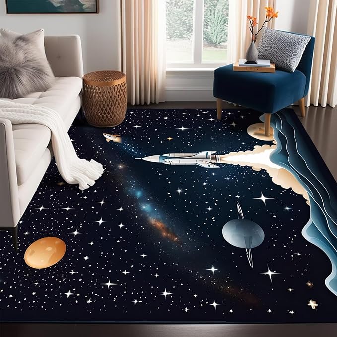 Space Rug for Kids Room Black Rocket Rugs for Boys Bedroom Stars Galaxy Carpet Planet Printed Throw Rugs for Teens Living Room,39 in x 79 in