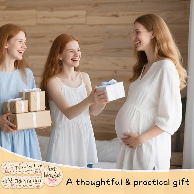 Baby Monthly Milestone Cards Sign - 13 Pcs Double Sided Baby Announcement Signs Bow, Pink Bow Wooden Milestone Circles Discs for Photo Props, Birth Announcement Marker Girl, Babies Welcome Card Gift