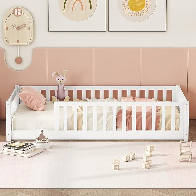 Twin Size Kids Montessori Floor Bed,Twin Floor Bed Frame with Slats,Solid Wood Twin Bed Frame for Girls Boys,White