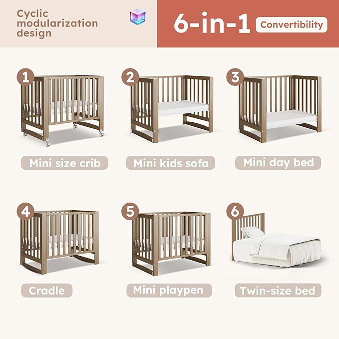 MAMAZING EvoNest Baby Crib, 6 in 1 Convertible Mini Crib with Wheels, 100% New Zealand Pinewood Growing Bed, 4 Adjustable Mattress Height,GREENGUARD Gold Certified,Brown